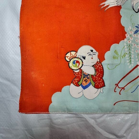 Vintage Japanese Silk Square handkerchief of Gosho doll flower cart and crane - Picture 4 of 9